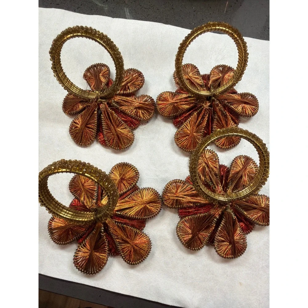 Vintage Ganutell Flower Napkin‎ Rings Set of 4 - Handmade Gold Red Wire Silk Art